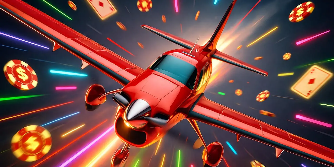The red aircraft from Aviator app speeding through neon lights, surrounded by glowing dollar chips and cards