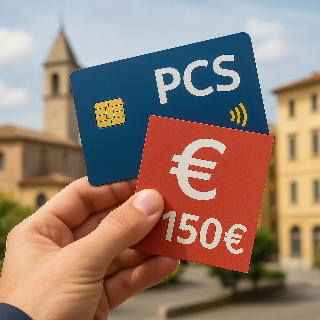 A realistic photo shows a hand holding a PCS card and 150€ voucher in a sunny European town.