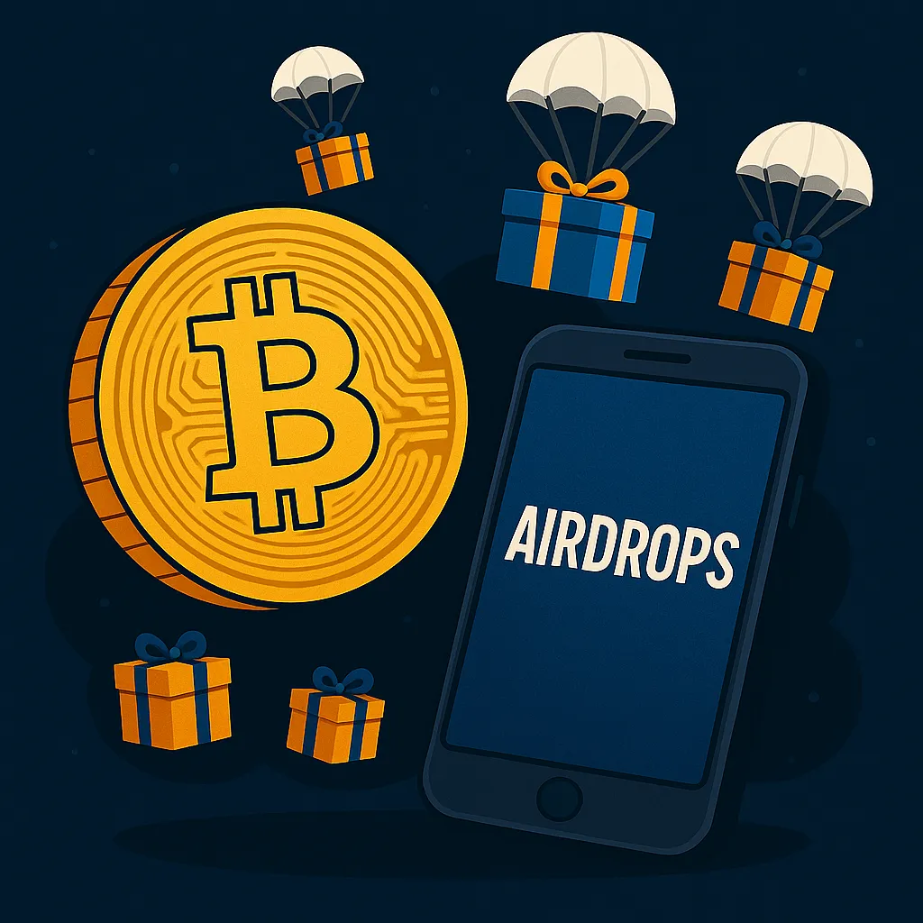 Digital illustration of a large Bitcoin coin next to a smartphone displaying "AIRDROPS," with gift boxes attached to parachutes floating in a starry dark blue background.