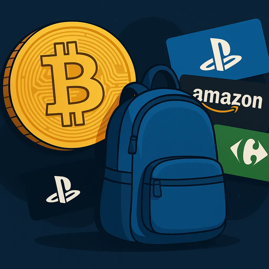 Illustration of a gold Bitcoin coin next to a blue backpack and gift cards for PlayStation, Amazon, and Carrefour, representing real-world purchases using cryptocurrency.