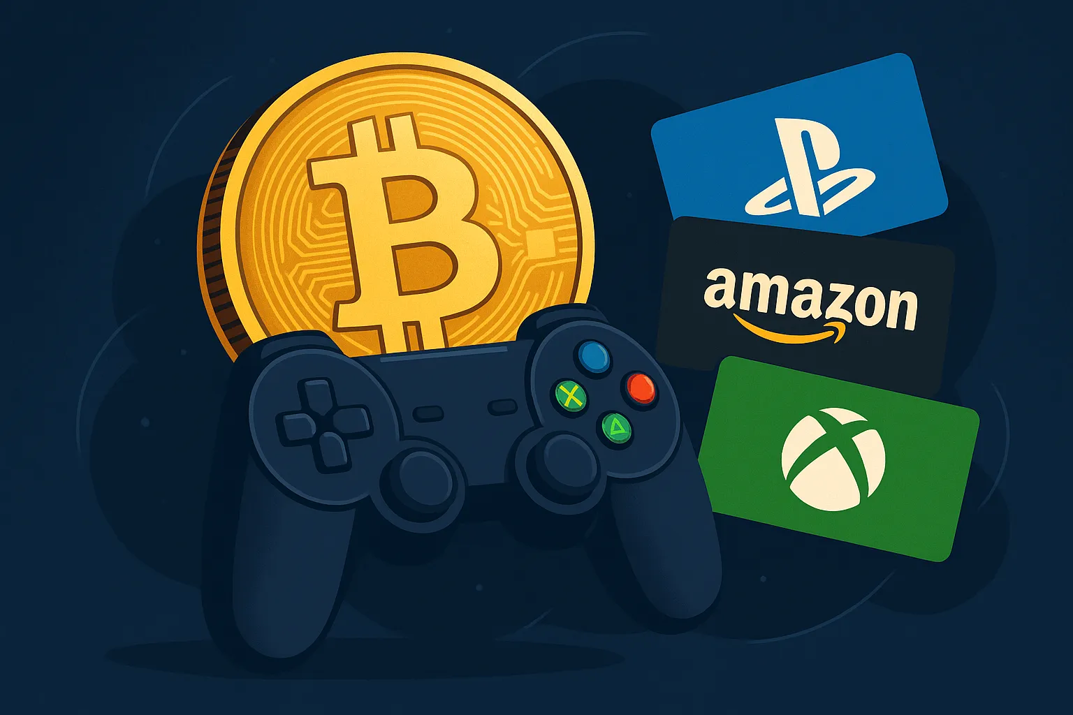 Digital illustration showing a Bitcoin coin, PlayStation-style game controller, and gift cards for PlayStation, Amazon, and Xbox, symbolizing the fusion of crypto and gaming.