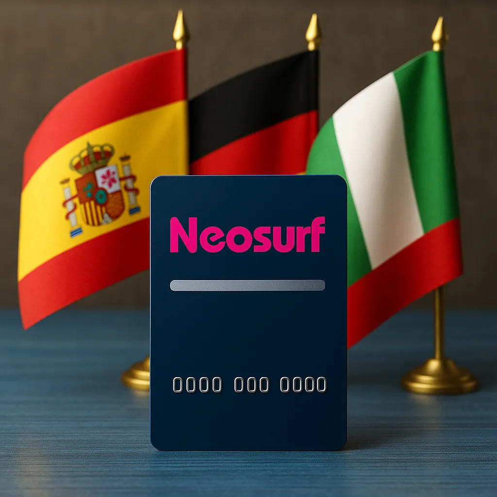 A Neosurf prepaid card displayed on a blue table with blurred flags of Spain, Germany, and Italy in the background, representing digital payment across Europe.
