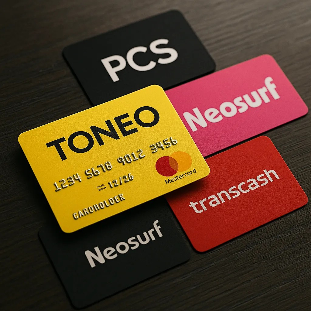 A yellow Toneo prepaid card in focus on a wooden surface, surrounded by PCS, Neosurf, and Transcash cards, representing top alternatives in 2025.