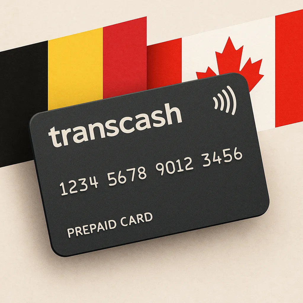 A Transcash prepaid card positioned in front of Belgian and Canadian flags, representing cross-border usage in 2025.